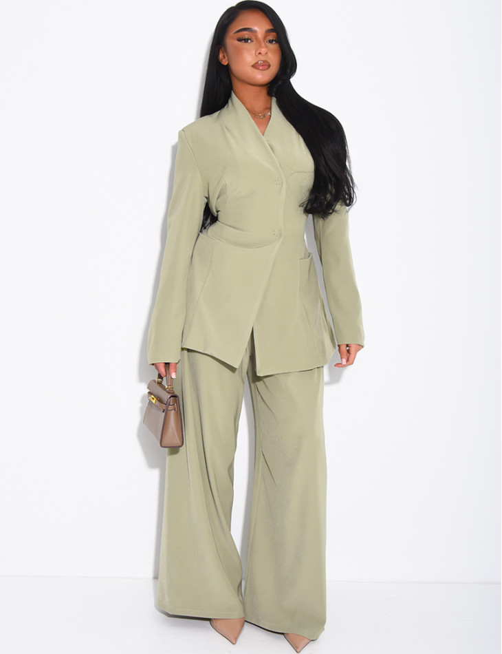 ENSEMBLE BLAZER COL MONTANT AJUSTÉ DANS LE DOS ET PANTALON COUPE DROITE vert d’eau