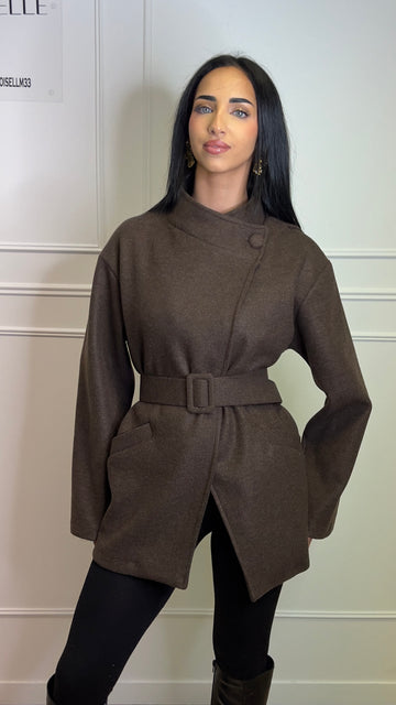 Veste Marron Col Montant avec Ceinture à la Taille